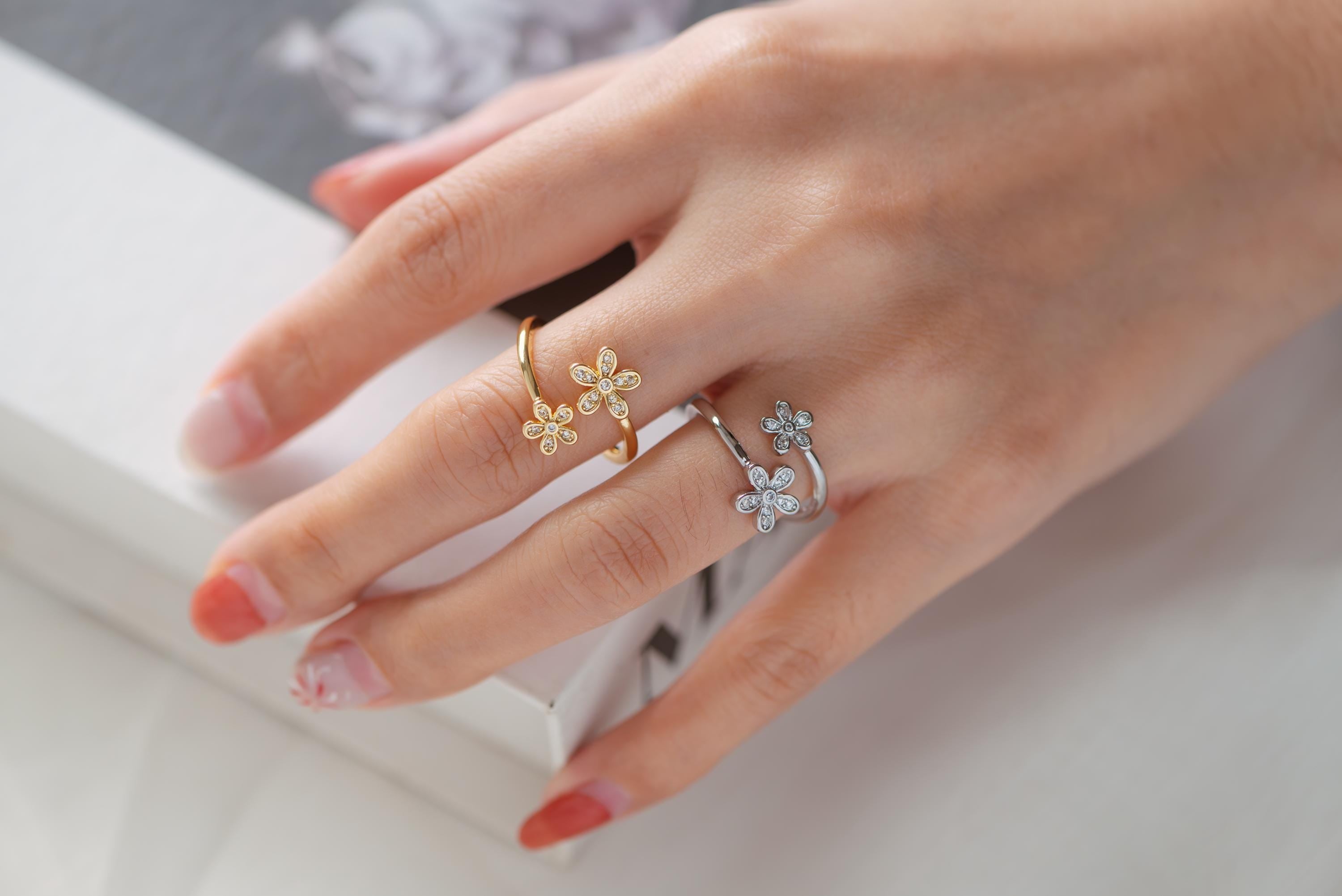 4pcs Gold/ Silver Tone CZ Pave Double Flower Ring, Adjustable Ring, Everyday Ring, Dainty Rings (#JZ-035)